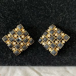 Huge Checkerboard Onyx Crystal Clip-on Statement Earing